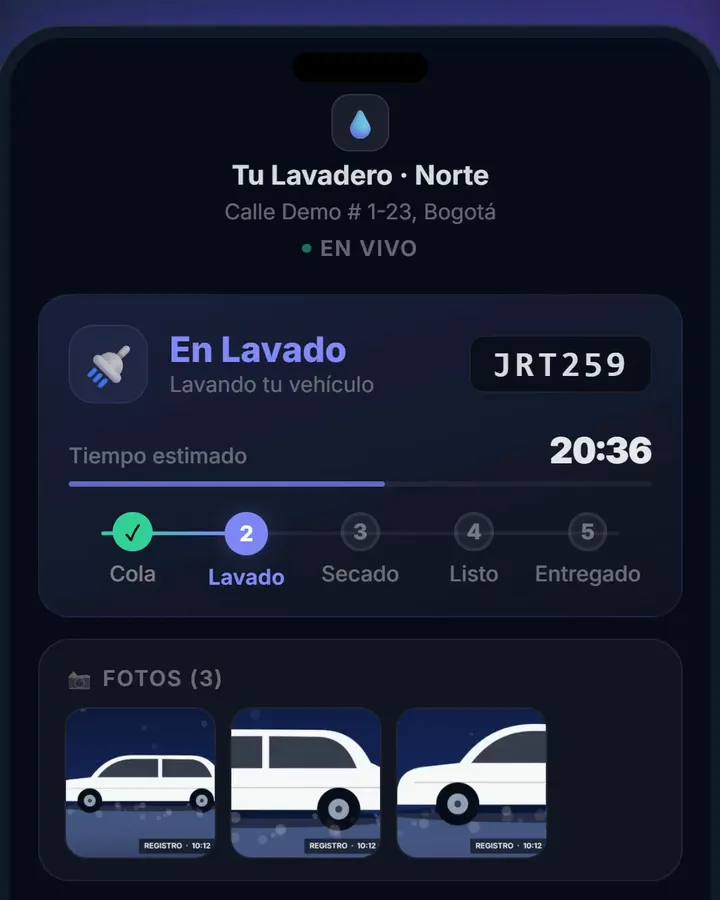 Página de seguimiento en el celular del cliente: el carro JRT259 en lavado, con el tiempo estimado, los pasos del servicio y sus fotos.
