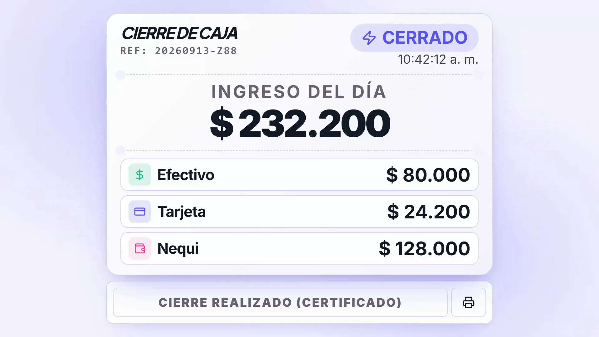 Cierre de caja de DaliWash: el ingreso del día por medio de pago, la confirmación del cierre oficial y el recibo certificado; después, el panel operativo avisa «Jornada Cerrada» y no deja crear servicios nuevos.